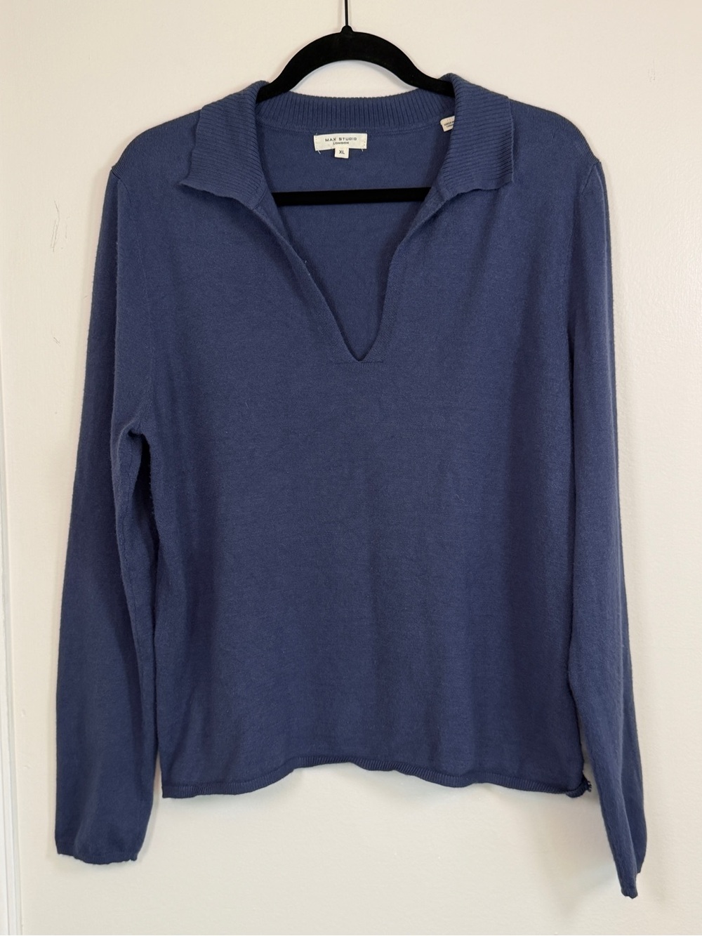 MAX STUDIO London Blue Knit Polo Sweater XL V Neck Collared Pullover